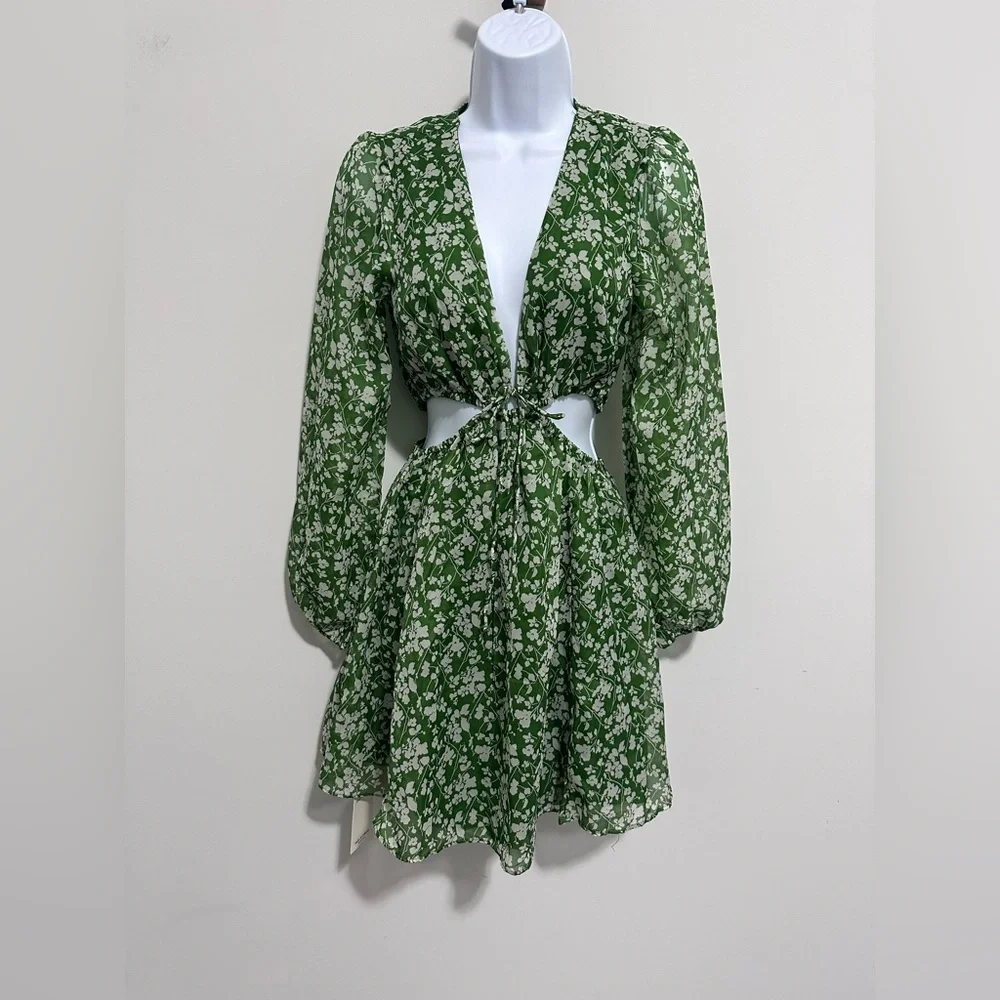 NWT Abercrombie & Fitch Long-sleeve sheer Green Floral Cutout Dress - Small - Picture 3 of 10